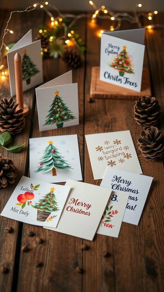 A variety of handmade Christmas cards with different designs on a wooden table, surrounded by festive decorations.